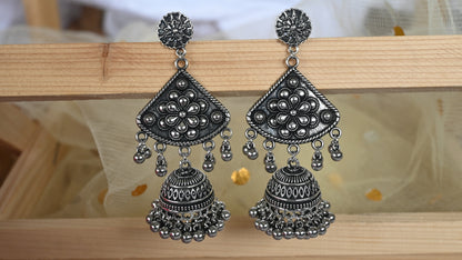 Oxidized Silver Floral Triangle Jhumka Earrings