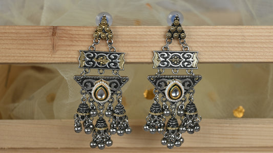 Oxidized Dual tone Temple Dangler Earrings