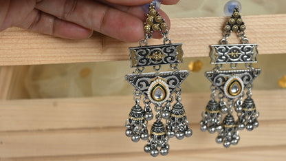 Oxidized Dual tone Temple Dangler Earrings