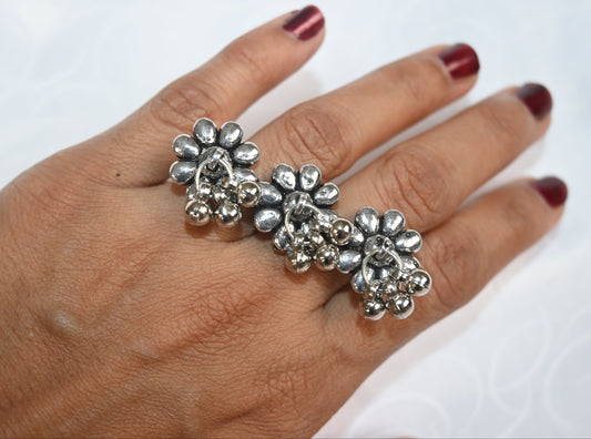 Oxidised Silver Floral Adjustable Ring with Dangling Beads