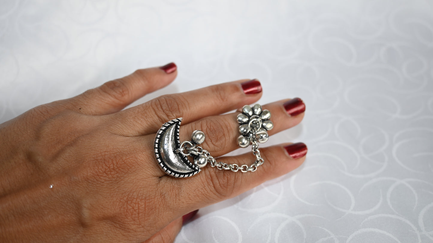 Oxidised Crescent Moon & Floral Dual Finger Ring with Chain