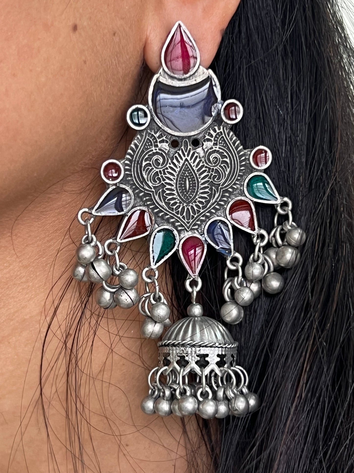 Oxidised Crescent Moon & Floral Dual Finger Ring with Chain