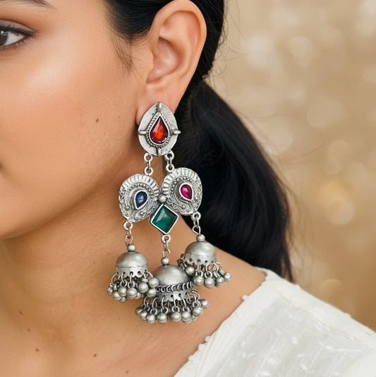 Afghani Oxidized Silver Jhumka Earrings