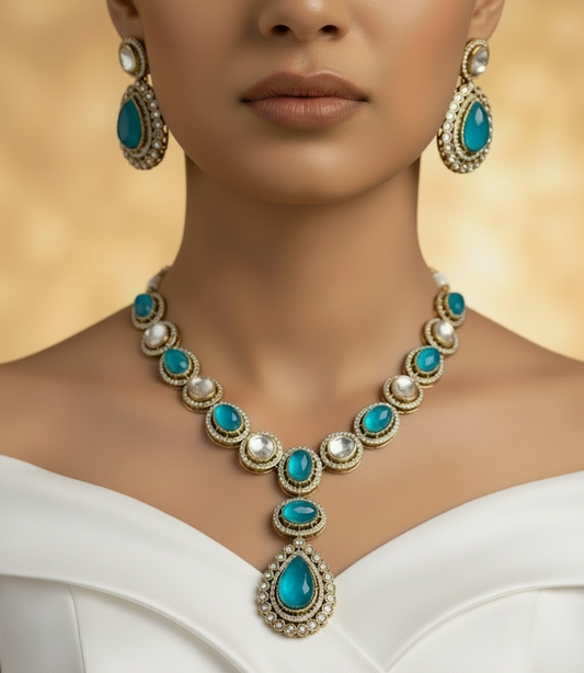 Aqua Blue Polki Necklace Set