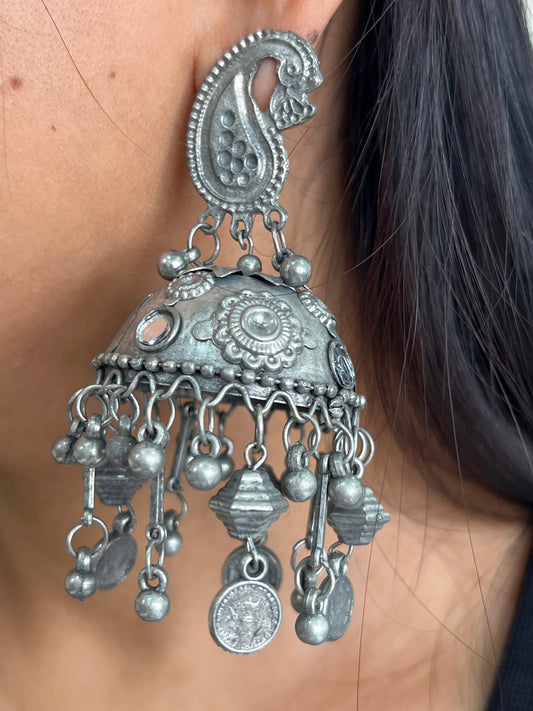 Peacock Dome Oxidised Jhumka Earrings