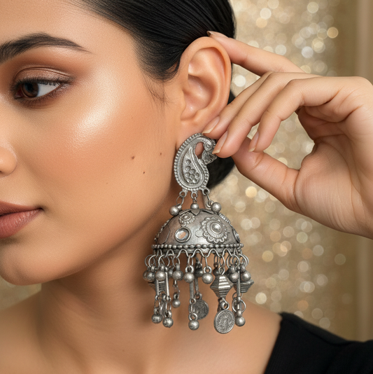 Peacock Dome Oxidised Jhumka Earrings