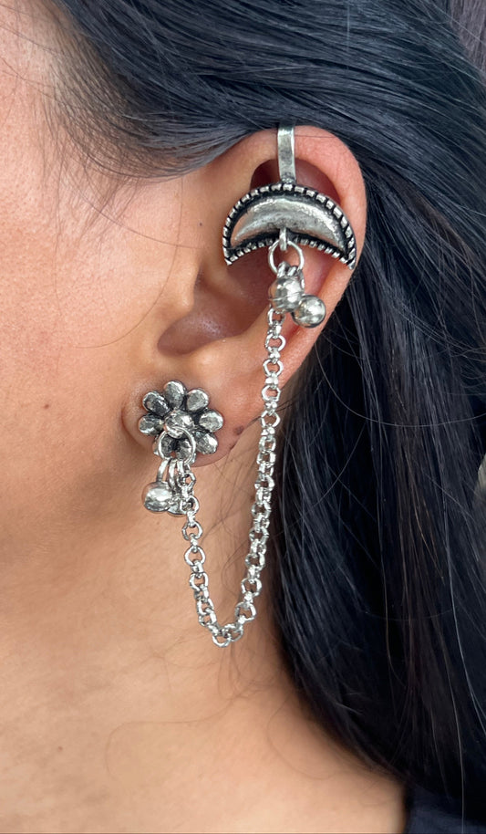 Oxidised Floral Chain Ear Cuff Earring