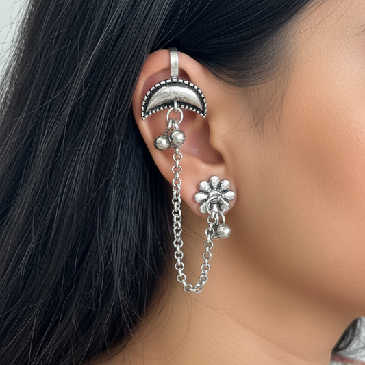Oxidised Floral Chain Ear Cuff Earring