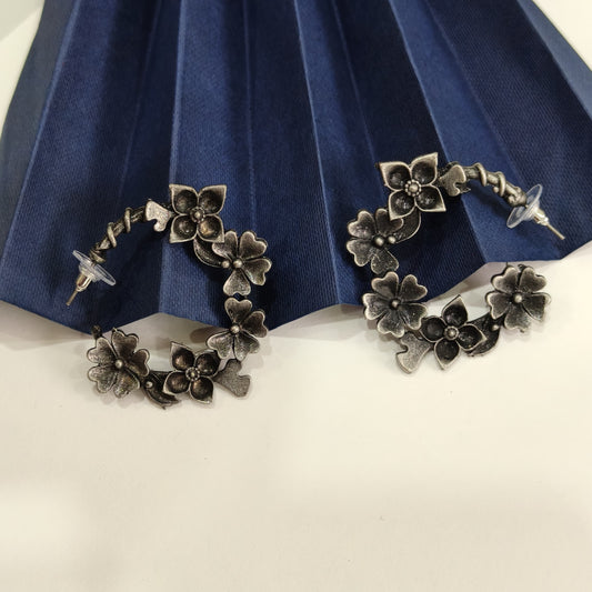 Oxidised Floral Hoop Earrings