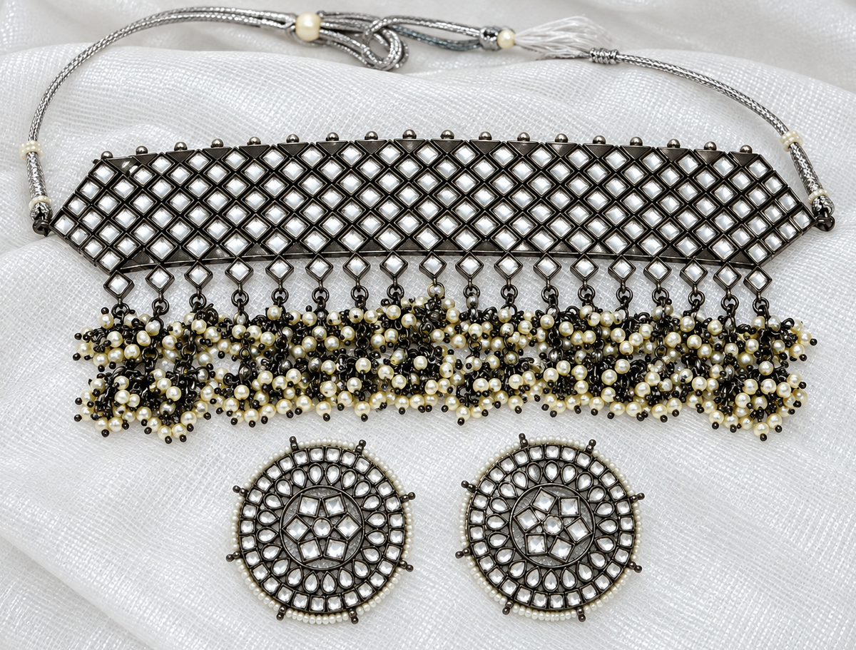 Black Rhodium Kundan Pearl Choker Set