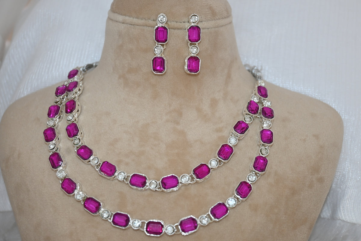 Magenta AD Stone Double layer Necklace Set