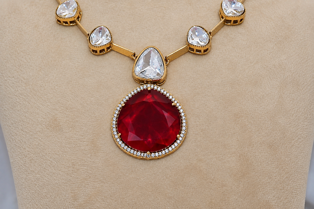 Red doublet stone with Moissanite Necklace Set