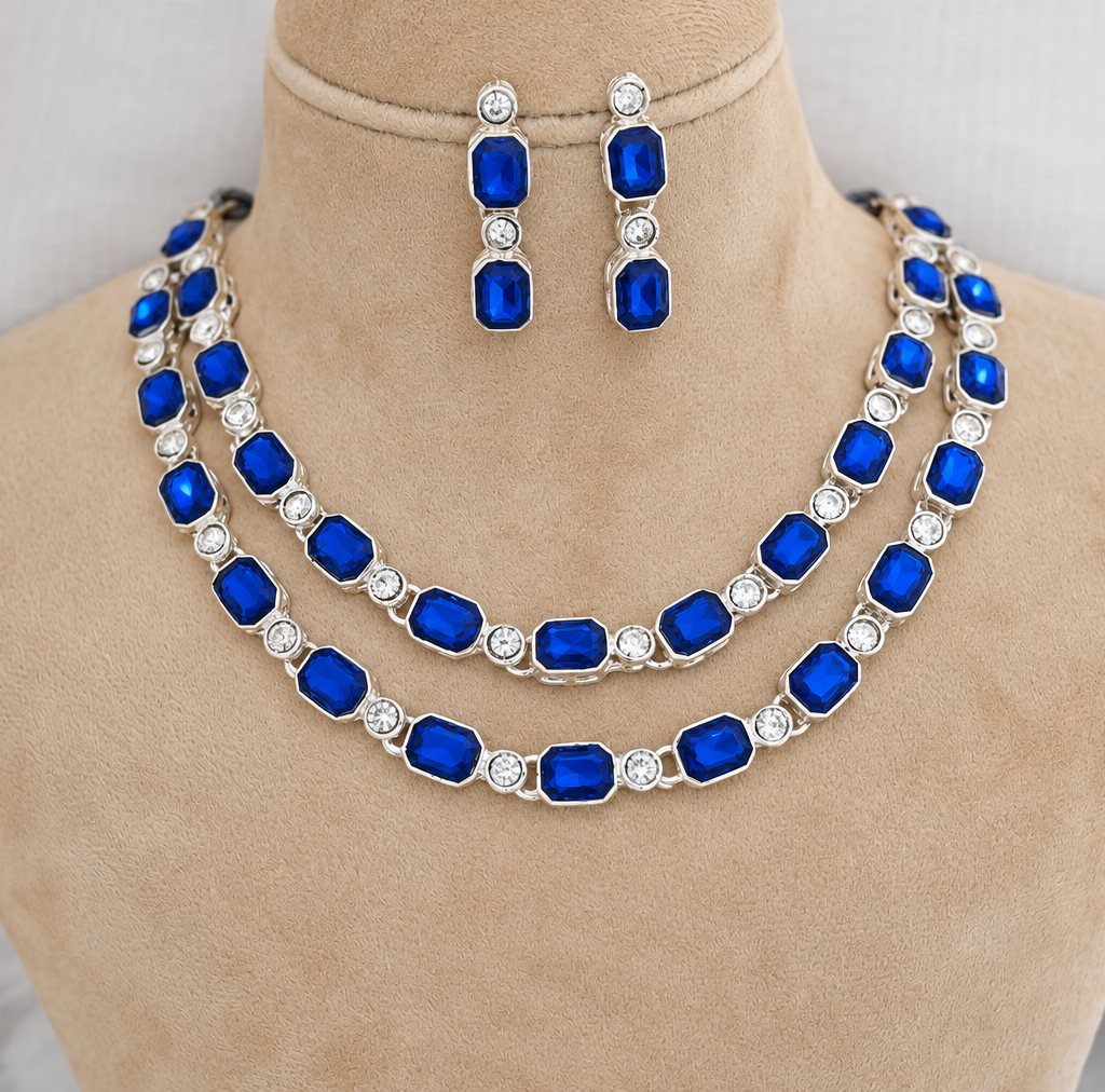 Royal Blue Crystal Double-Layer Necklace Set