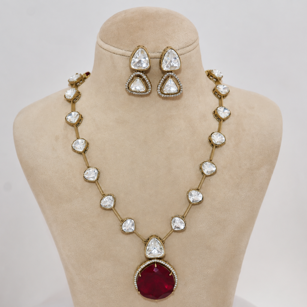 Red doublet stone with Moissanite Necklace Set